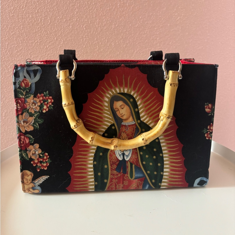 Lady Guadalupe Virgin Mary handmade box bag with bamboo handle